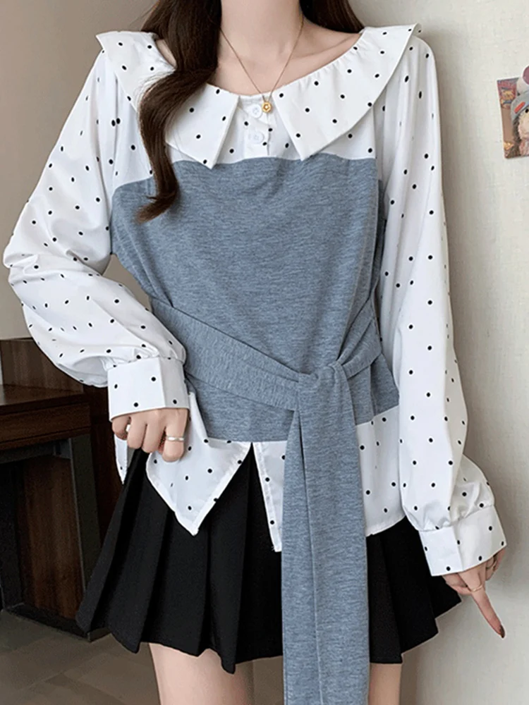 

plus Size irt Polka Dot Belted Waist Long Sve Women's Faion Casual Sle Autumn Winter New Slimming Top Ci Walk