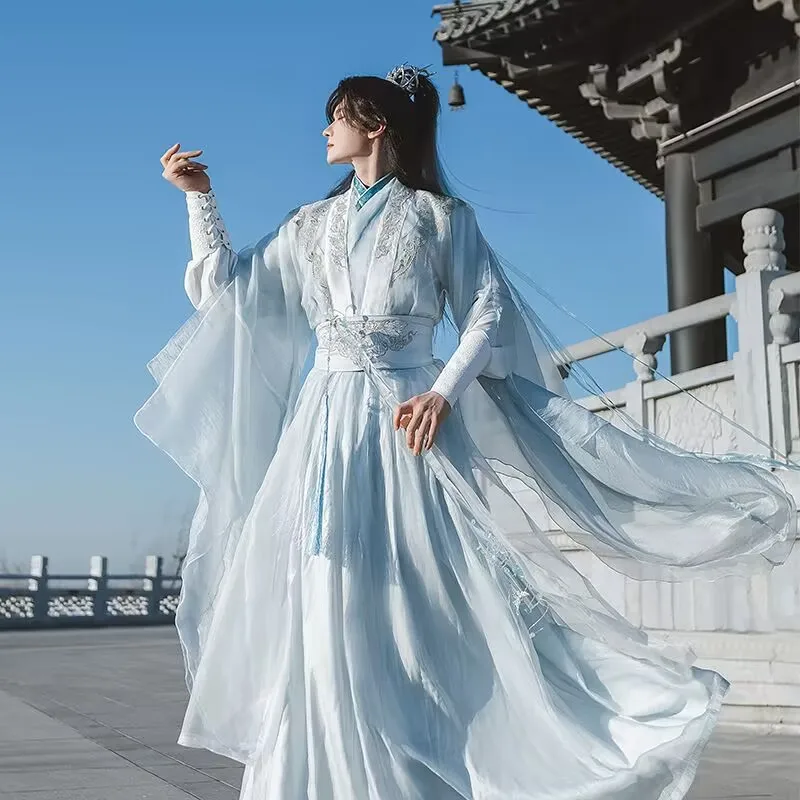

Большой размер 3XL Hanfu, мужской светло-синий костюм Hanfu с китайской вышивкой, мужской карнавальный костюм на Хэллоуин, карнавальный костюм для вечеринки, наряд Hanfu XXL