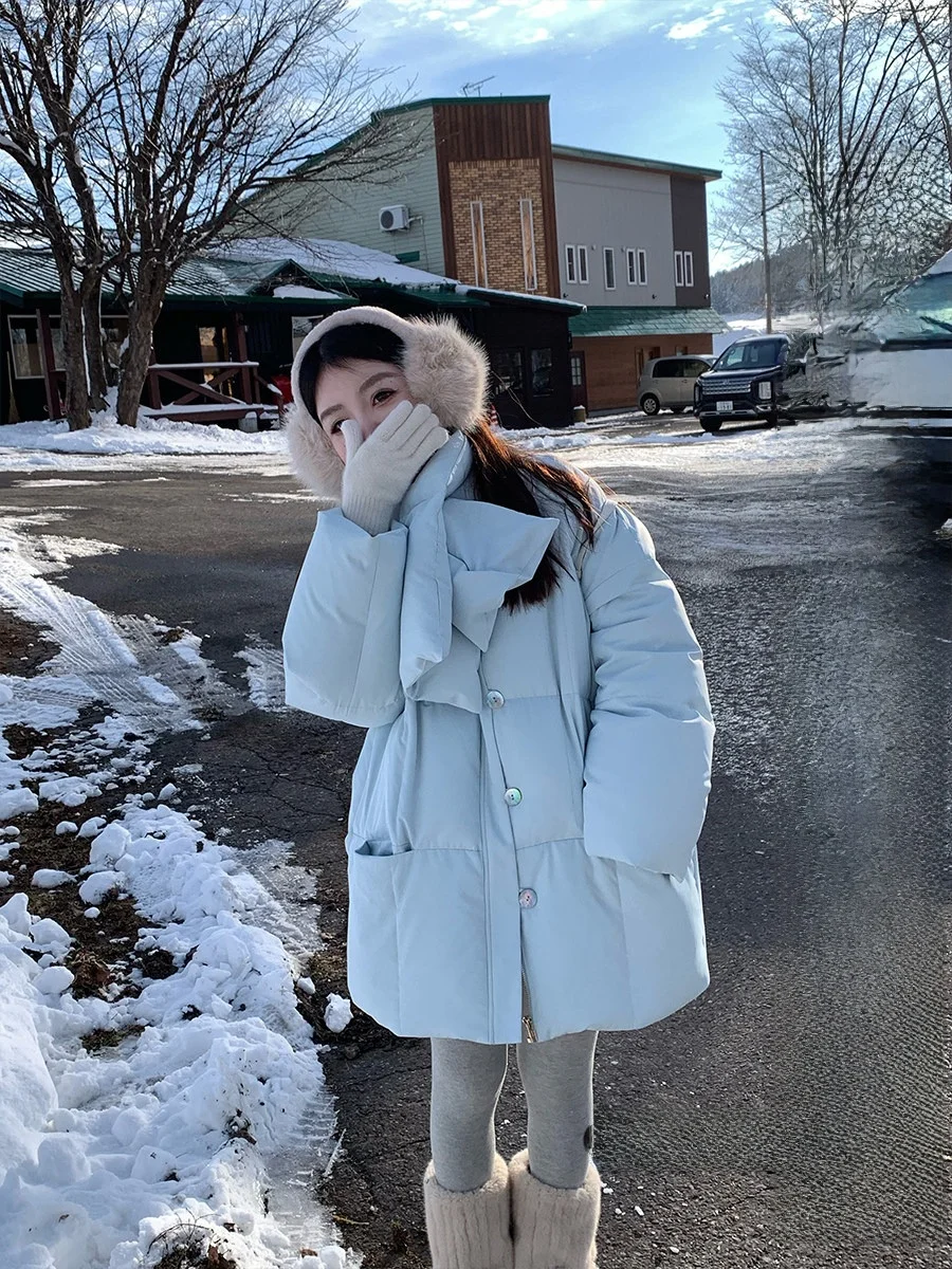 

Пуховик Dearhua Home с гусиным пухом, женское пальто со шарфом, средней длины, зимняя теплая пушистая куртка, повседневная одежда