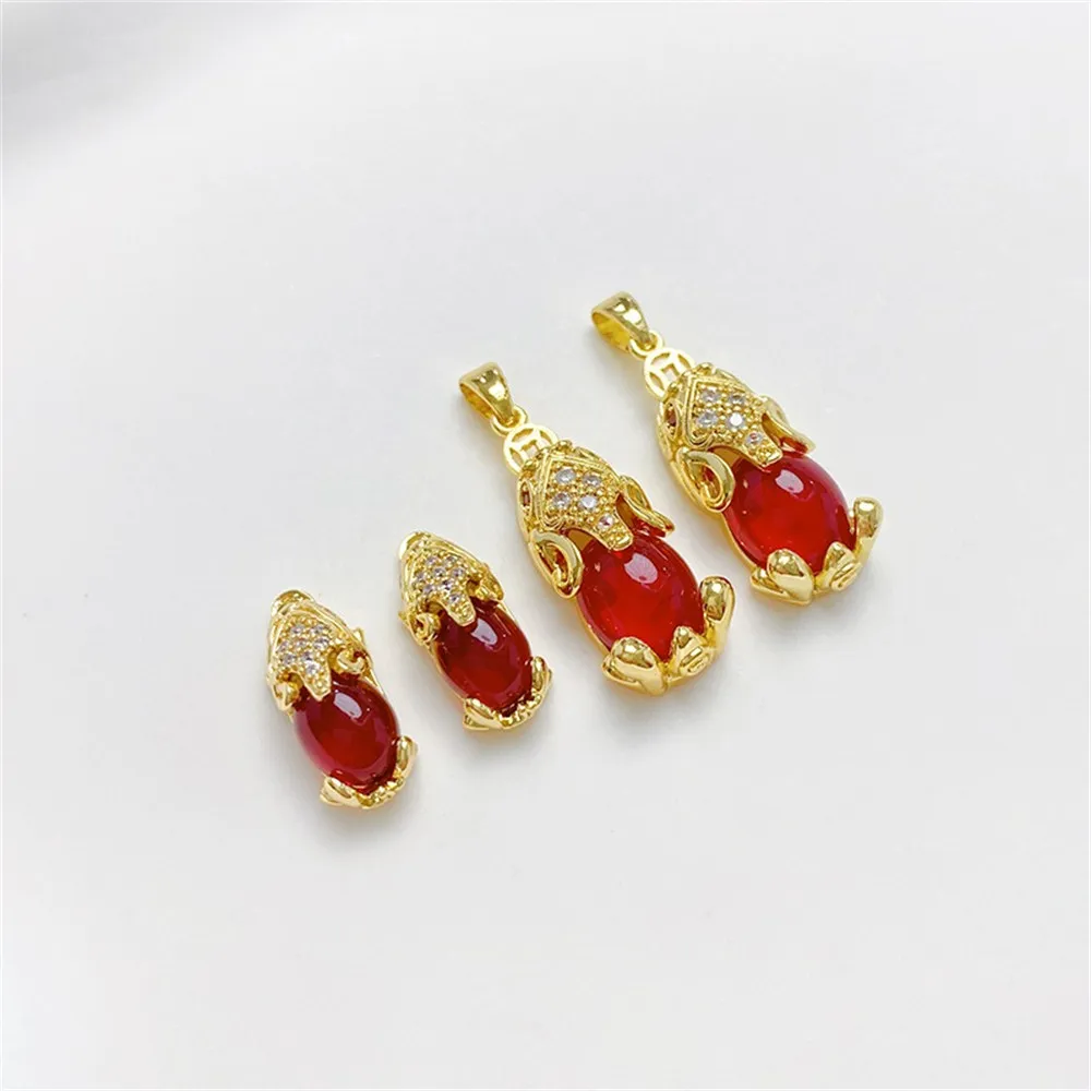 

14K Package Gold Color Ruby Bell Lock Pixiu Pendant Small Pendant DIY Handmade Bracelet Jewelry Material Accessories