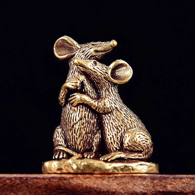 1Pcs Rat Small Statue Miniatures Desktop Ornament Antique Copper Love Mouse Figurines Living Room Home Decor Crafts Accessories