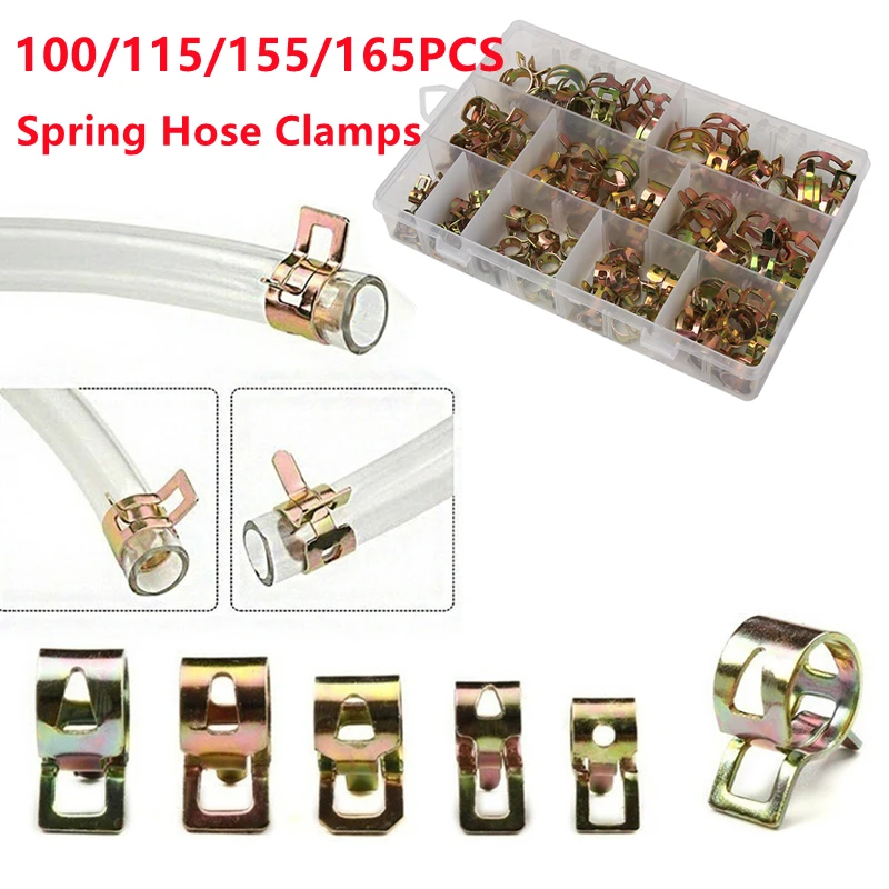 100/115/155/165pcs Spring Hose Clamps 6-22mm Zinc Plated Spring Clip Fuel Line Hose Water Pipe Tube Clamps Fastener Pipe Clamp
