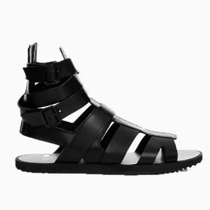 Roman Man Fashion Black Genuine Leather Hollow Peep Toe High Top Slingback Flat Summer Sandals Male Leisure Beach Shoes Size 46