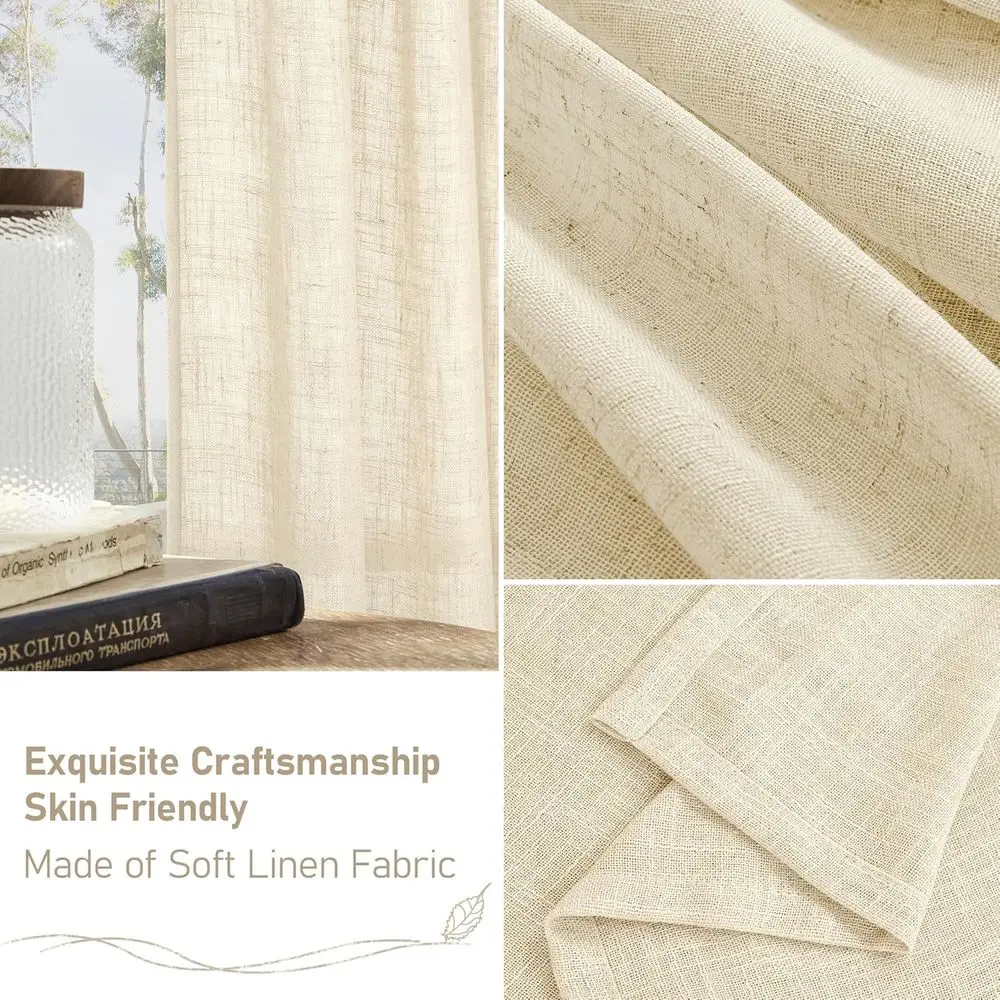 ستائر كتان شفافة 120 لمساحات المعيشة، علامة تبويب خلفية وجيب قضيب، تصفية خفيفة، 52 × 120، بيج، مجموعة من لوحتين