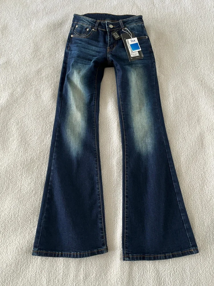 النمط الأمريكي الرجعية غسلها الدينيم الجينز تنوعا منخفضة الخصر متوهج قليلا السراويل النساء الخريف جديد مطاطا حار الفتيات السراويل