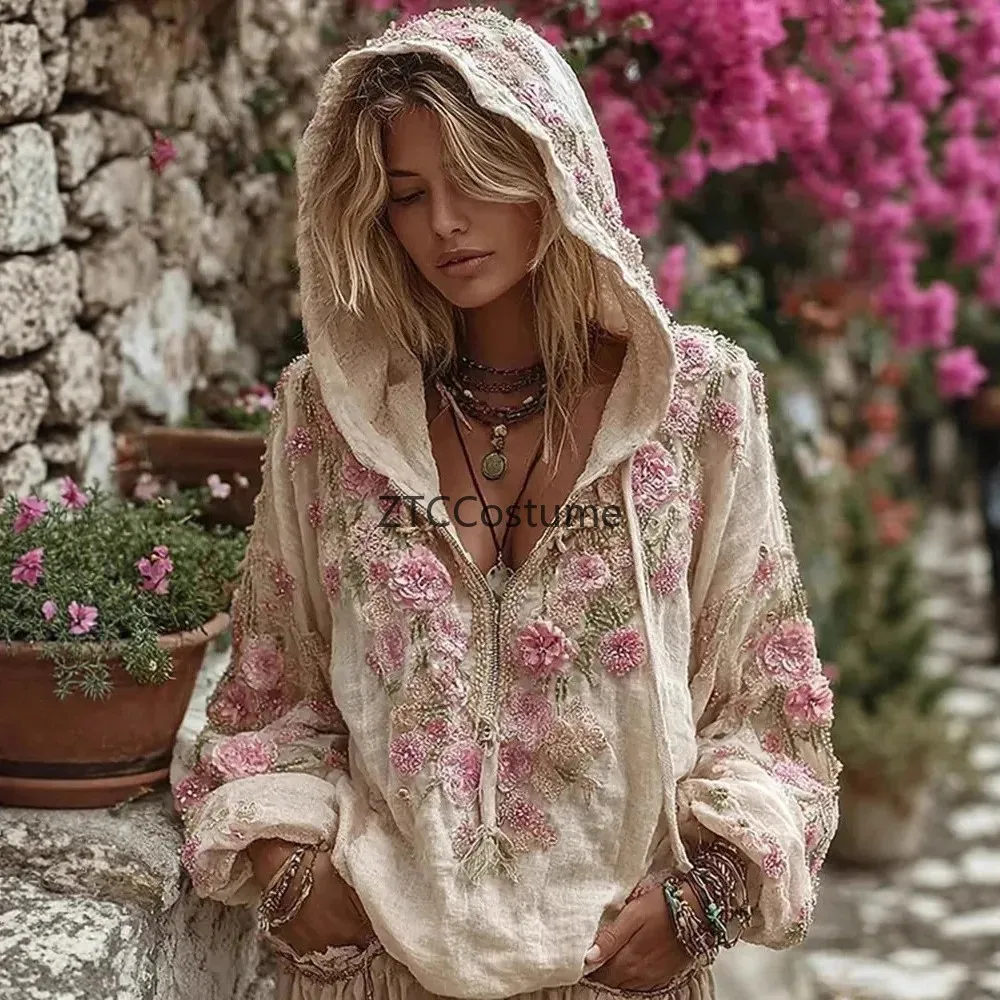 

Japanese Ethnic Style Sakura Floral Printed Womens Zip Up Hooded Sweatshirt Loose Fit Cosplay Tops