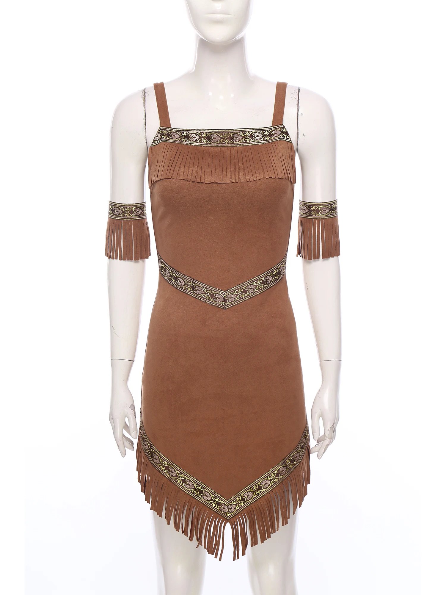 Women Fringed Fancy Dress Outfit Vintage Tassel Faux Suede Aboriginal Tribe Costume Native Princess Cosplay Halloween Costume