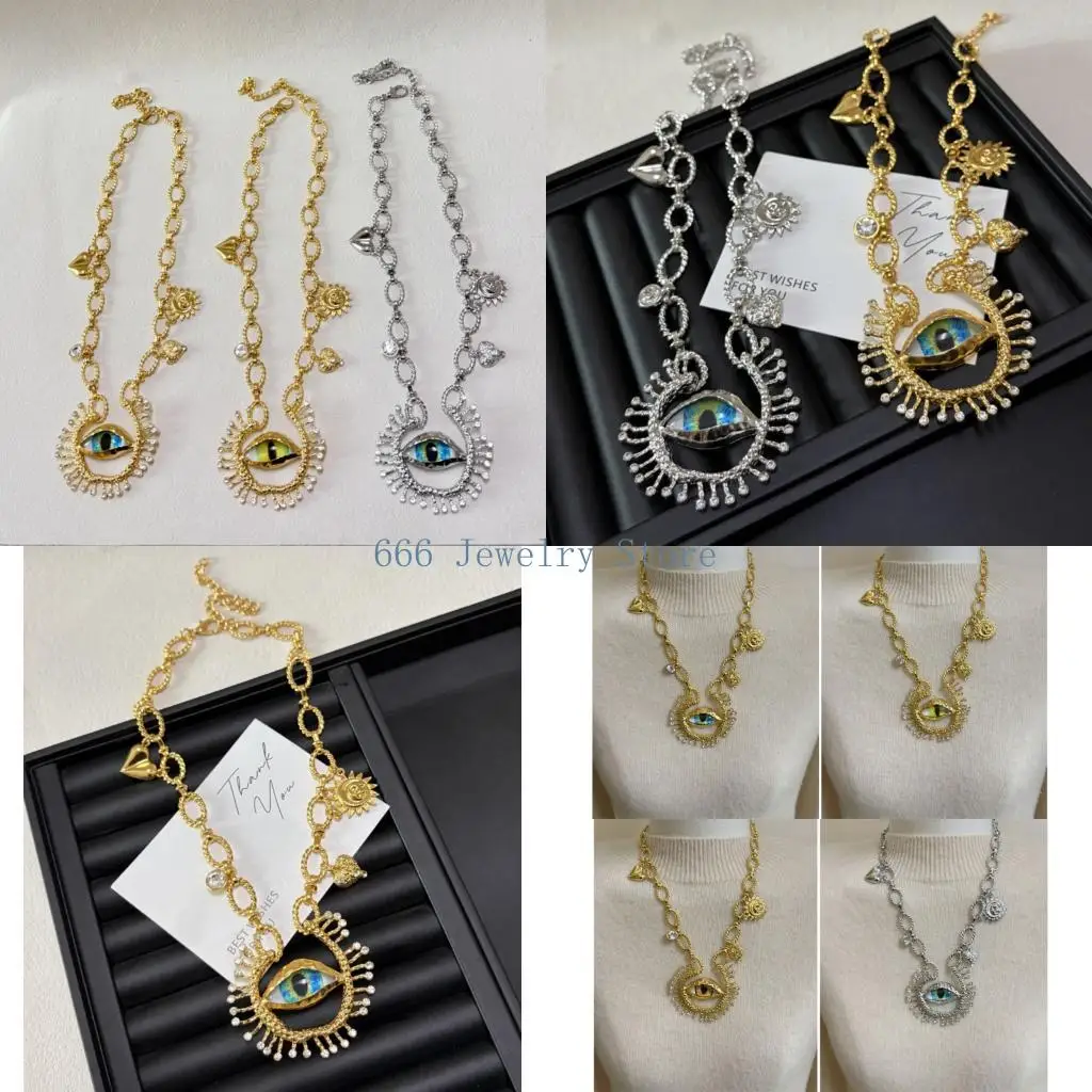 F2TD Textured Link Chain Eye Pendant Necklace with Framed Center Detail and Lightweight Fashion Jewelry Appeal for Styling