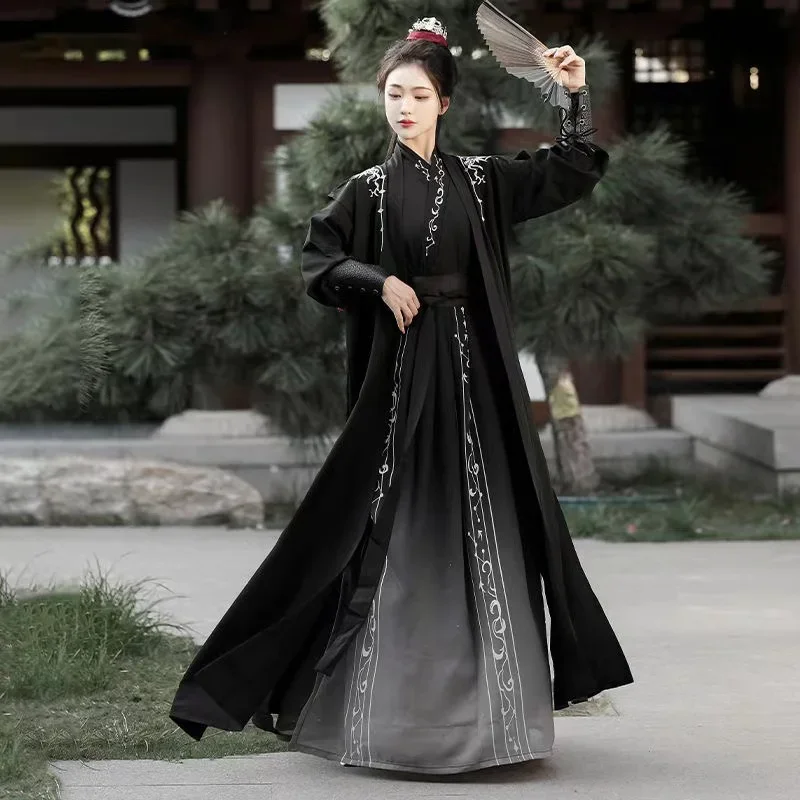 

Men Women Cool Black Traditional Cross Collar Costume Stylish Swordsman Cosplay Suit Autumn Winter Song Dynasty Hanfu Dress Set