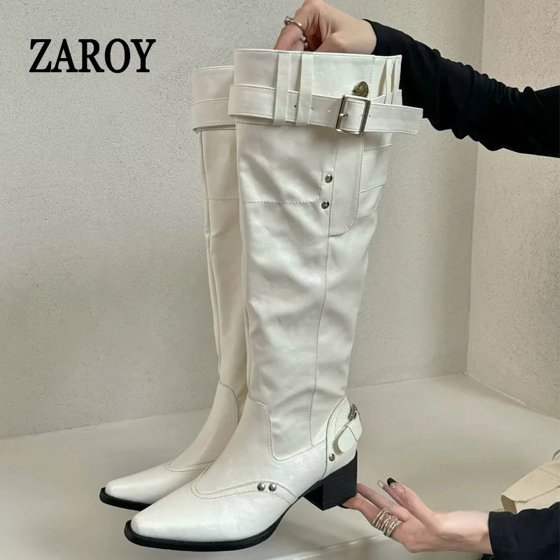 ZAROY Winter Women Belt Buckle Knee High Boots Pointed Toe Chunky Cozy Shoes Designer Y2K Gothic Motorcycle Botas Banquet Shoes