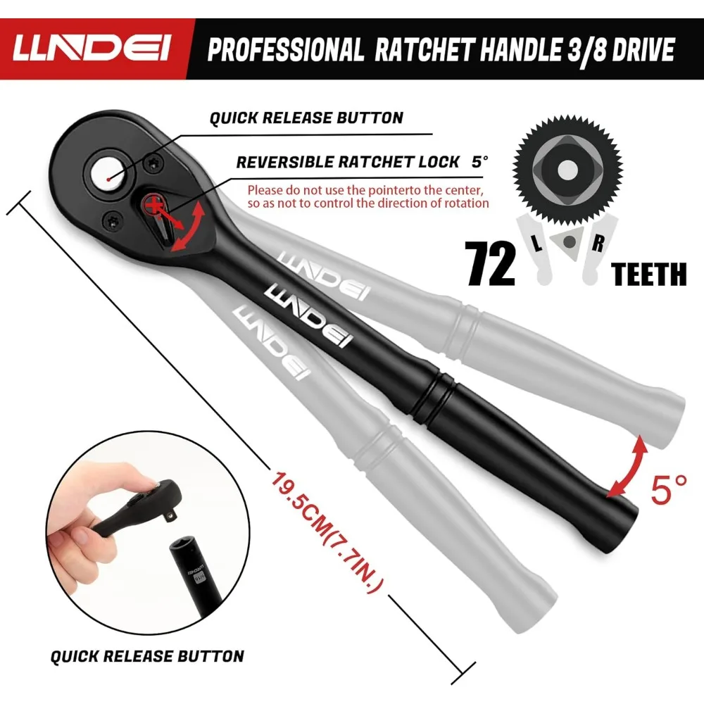 مجموعة مقابس تأثير المحرك 3/8 بوصة، طقم SAE/متري مكون من 95 قطعة مع مقابس عميقة وضحلة، ومحولات، ومقبض بسقاطة #5