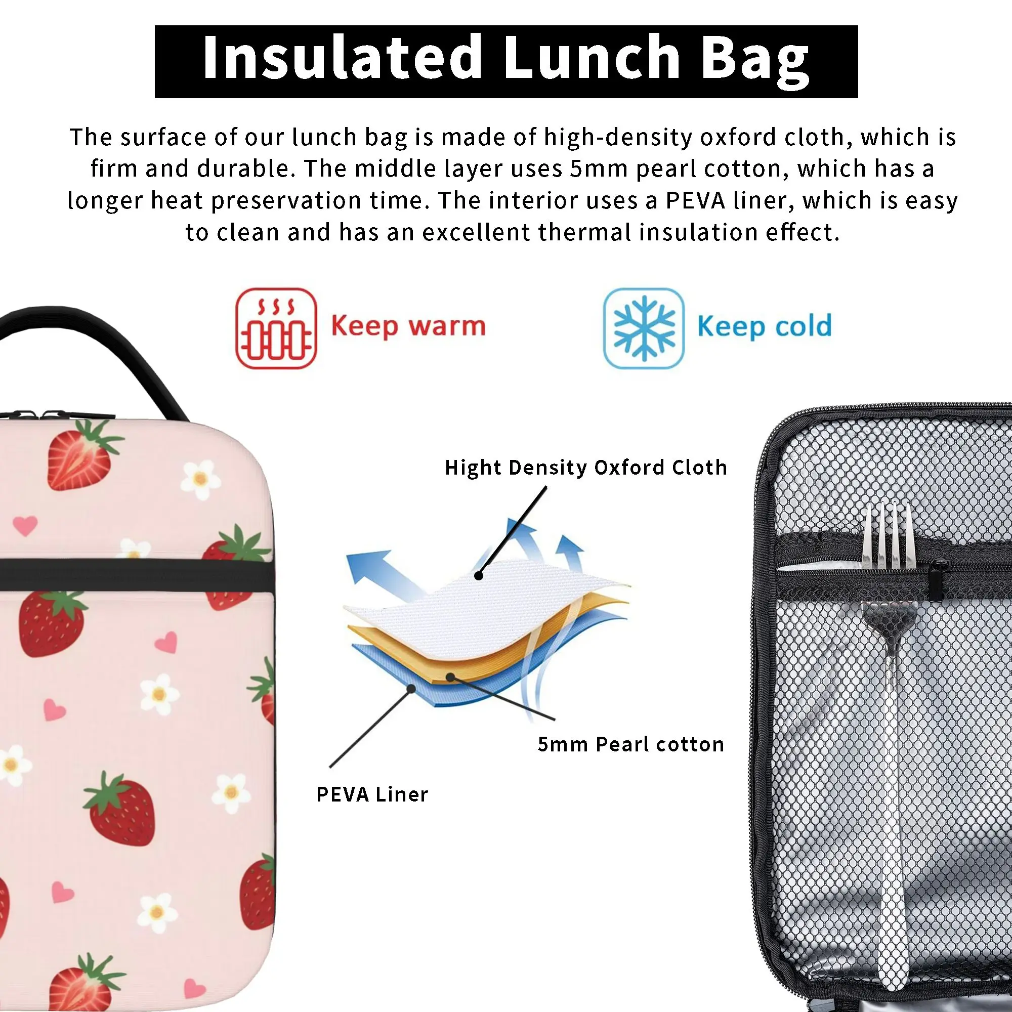 Pink Strawberry Cute Floral Tote Insulated Lunch Bag Cartoon Portable Food Bags Leakproof Cooler Thermal Large Size Bento Box view 3