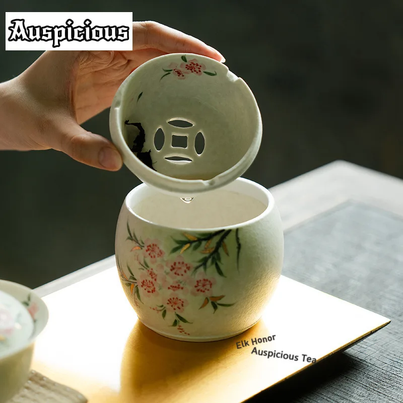 

340ml Rock Ore White Hand-painted Peach Blossom Jianshui Tea Wash Bowl Tea Residue Bucket Chaxi Accessories Collection Ornaments