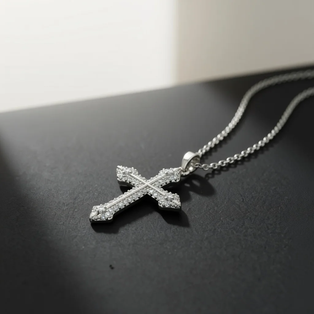Glam Silver Tone Copper Pendant Necklace, Full Paved Zircon Geometric Cross Decor Jewelry for Dinner Party & Special  Selection