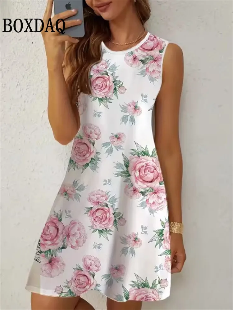 Summer Vest Beach Short Dress Women Loose Sundress Casual Sleeveless A-Line Dress Vintage Women's Tank Flowers 3D Print Dresses