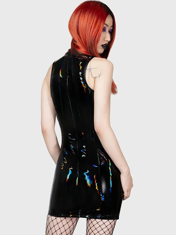 

Gothic Wet Look Faux Leather Mini Dress Women Sexy Bodycon Front Hollow out Patent Leather Sleeveless Clubwear for Parties