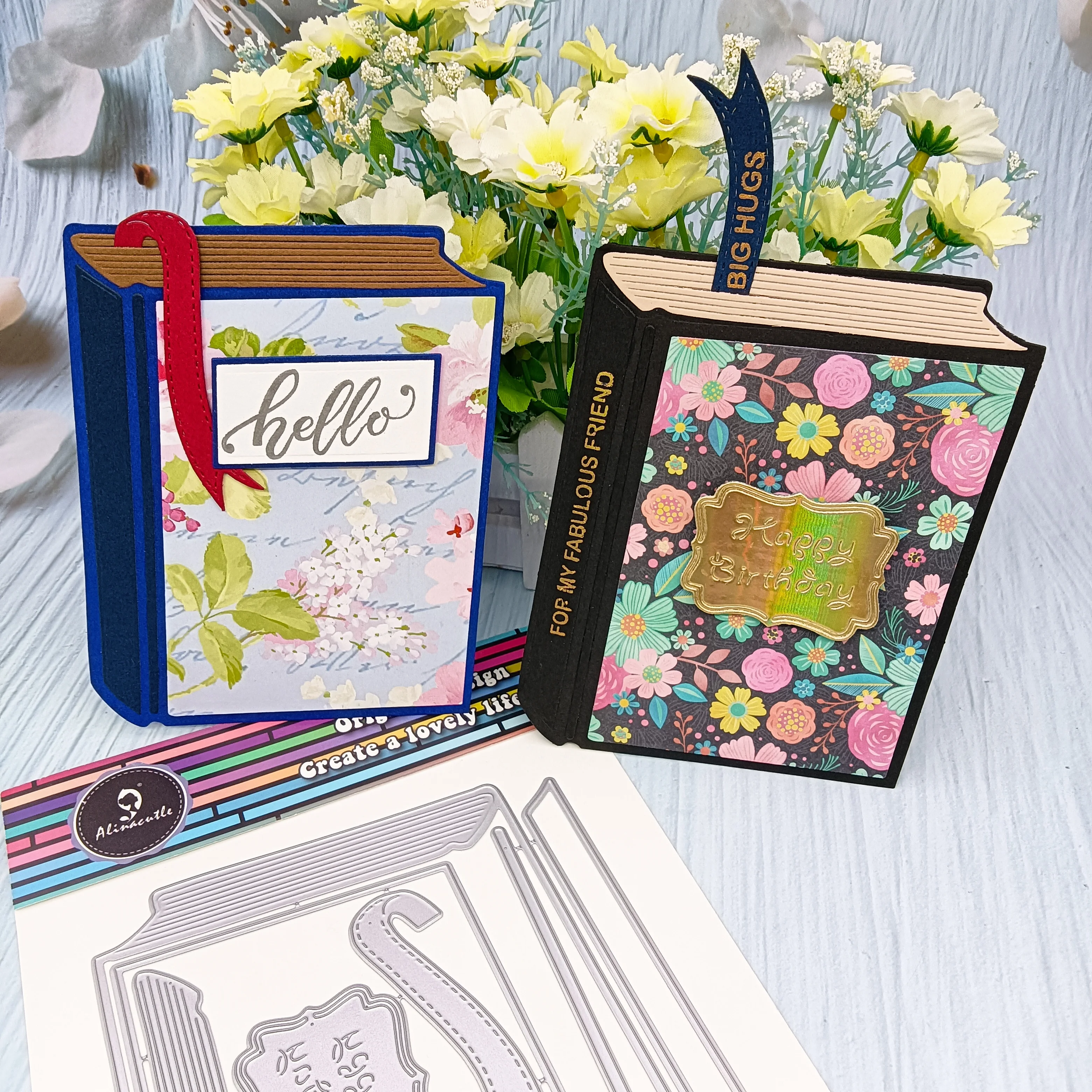 Alinacutle Book Birthday Etched Dies Metal Cutting Die Cut Book Curtain Circle Flower Clear Stamp Scrapbooking Paper Craft
