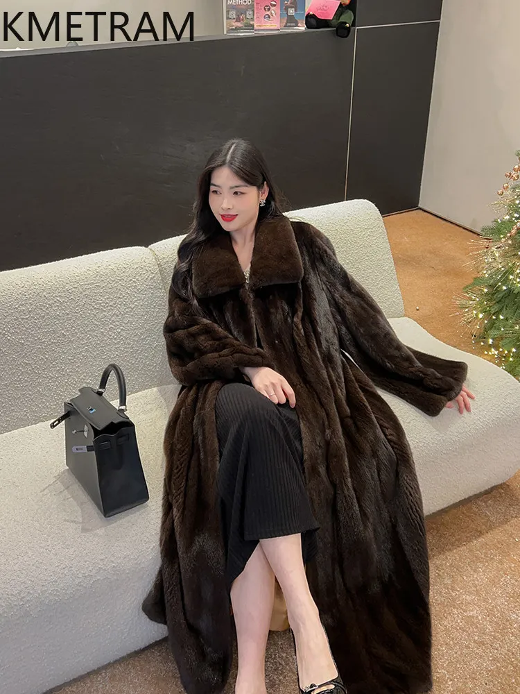 KMETRAM الأرجواني المخملية 100% فرو المنك سترة امرأة فاخرة طويلة معطف فرو المنك الحقيقي 130 سنتيمتر الشتاء النساء الملابس 2026 شبابانية