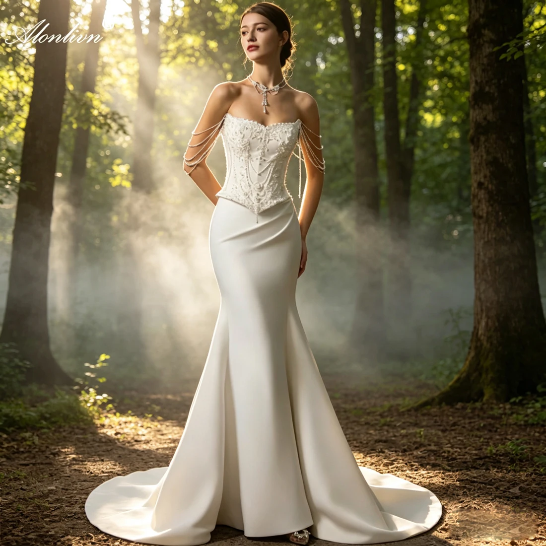 Alonlivn Customize Made Beading Pearls Mermaid Wedding Dress Off The Shoulder Vintage Satin Sweetheart Wedding Gowns