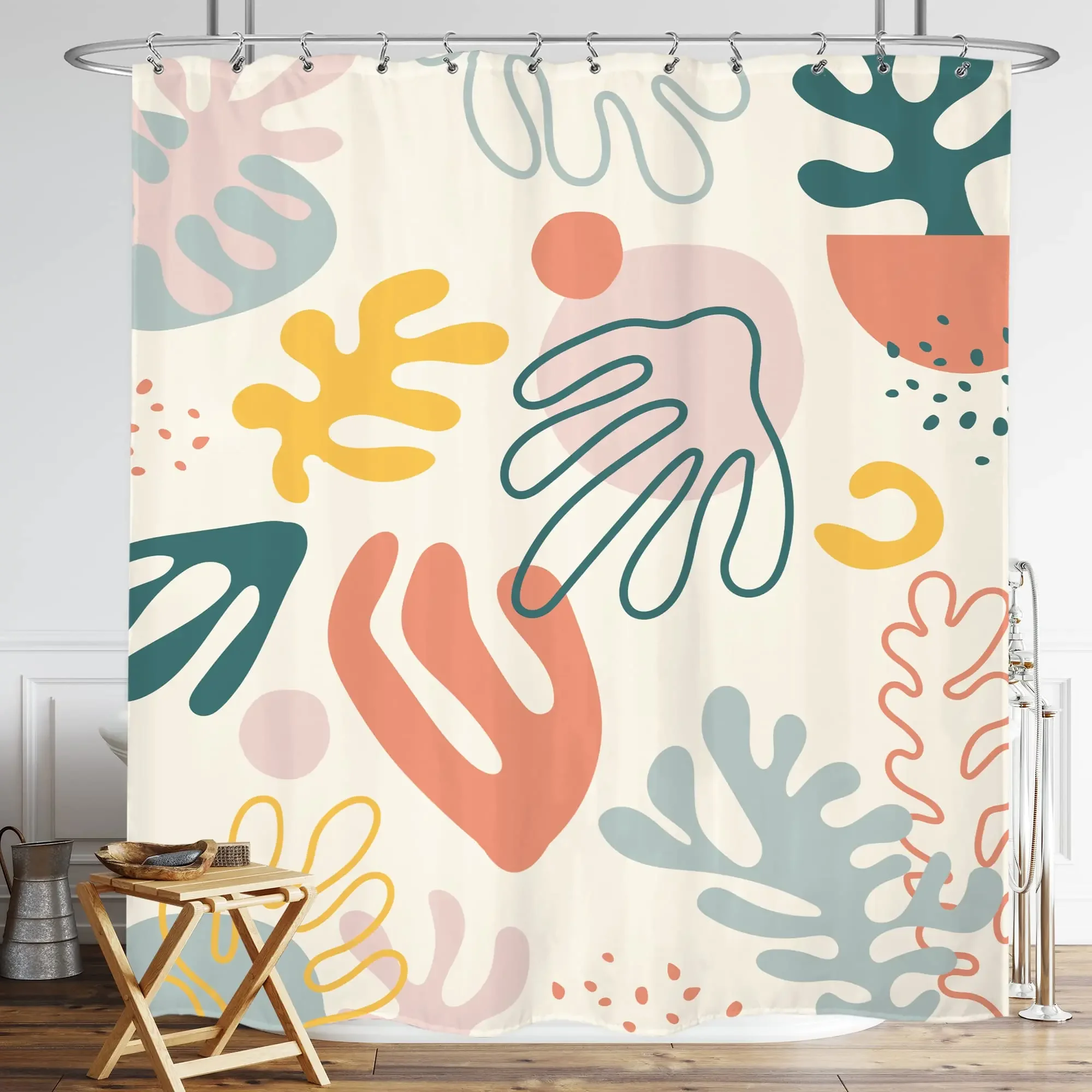 Colorful Flower Shower Curtain, Matisse Flower Danish Pastel Flower Abstract Mid-Century Minimalist Bohemian Bathroom Decoration