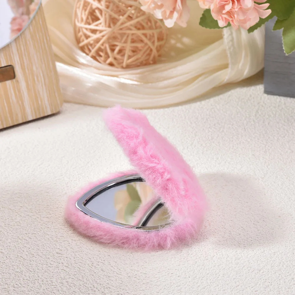 Espelho de maquiagem dobrável com ampliação dupla face pele de coelho espelho de bolso compacto 7.2cm portátil viagem mini espelho