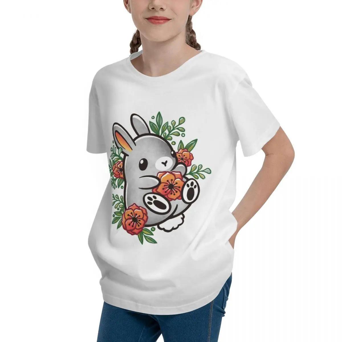

Floral Cute Bunny Women's Extra Soft High grade Fitness Teeanger Basic Short Sleeve T-Shirt Sexy T-shirts Funny Novelty