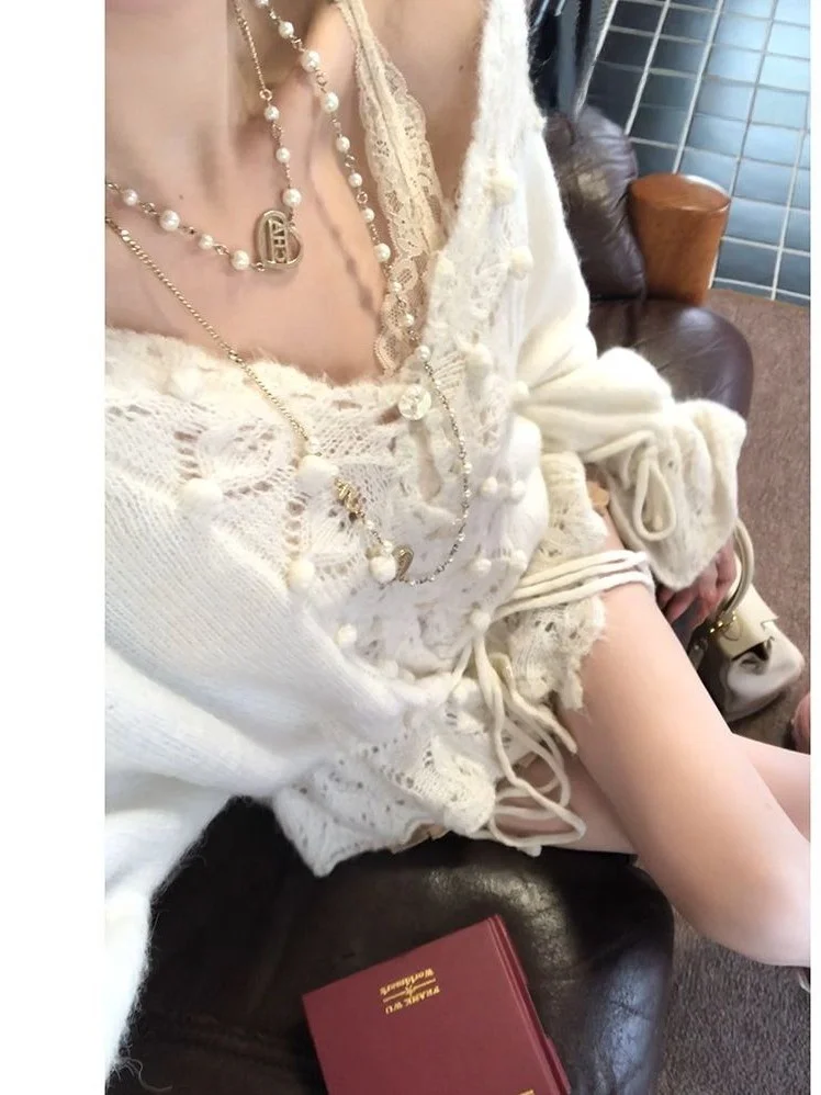 

Women's Long Sve Knitted Sweater V-Ne Hollow out Belted Waist Slimming Dstring Autumn Winter New Sle Commute Loose Fit