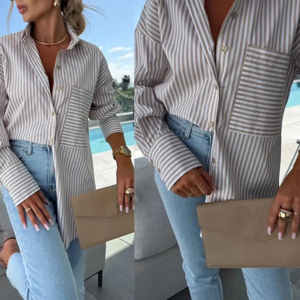 

French Style Loose Striped Shirt Women Long Sleeve Button Up Patch Pocket Academic Oversized Casual Blouse Top Hem Loose Fit