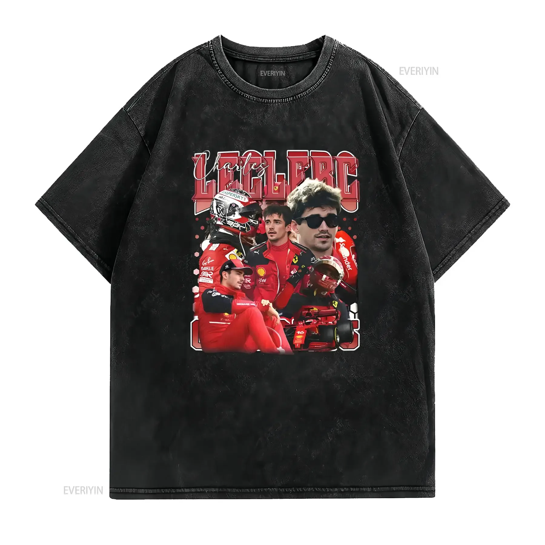 Maglietta Nera D con Logo del Pilota Leclerc Collo Tondo Comoda e Morbida Adatta a Tutte le Stagioni Ideale per vintage Washed