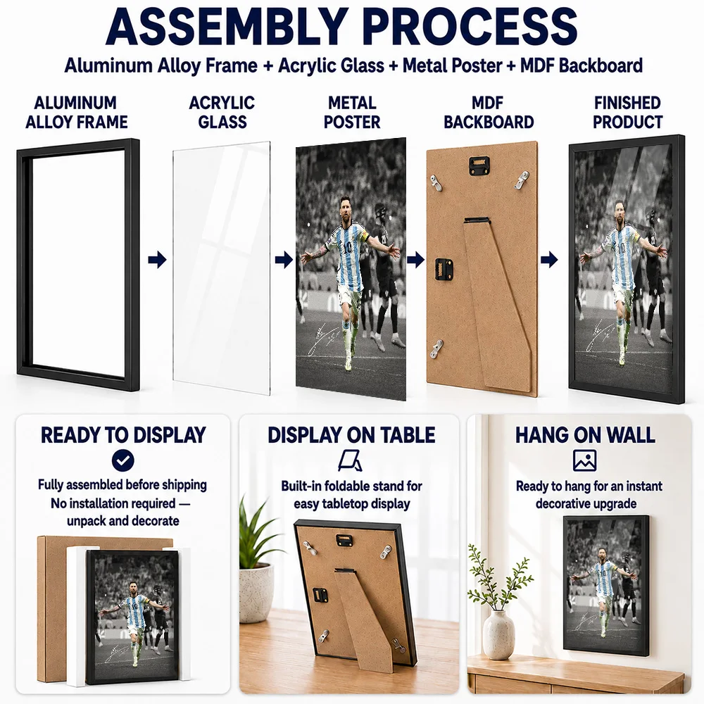 Messi Argentina Celebration Framed Metal Print Customized Photo Energetic Graphic Style Wall Art For Bedroom Football Fan Gift