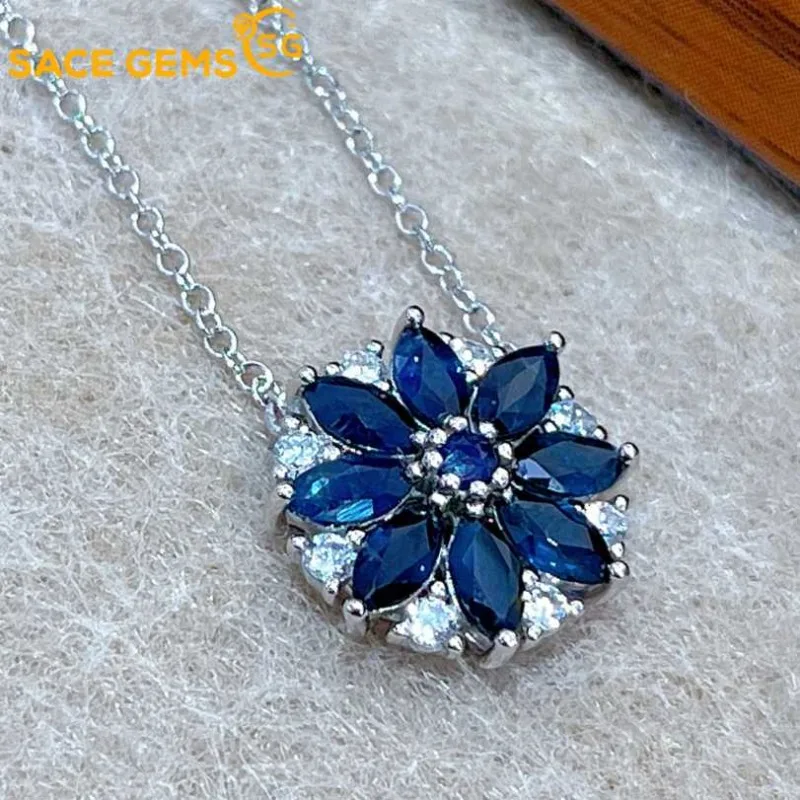 

SACEGEMS 925Sterling Silver Certified 2.5*5MM Natual Sapphire Pendant Necklaces for Womne Engagement Cocktail Party Fine Jewelry