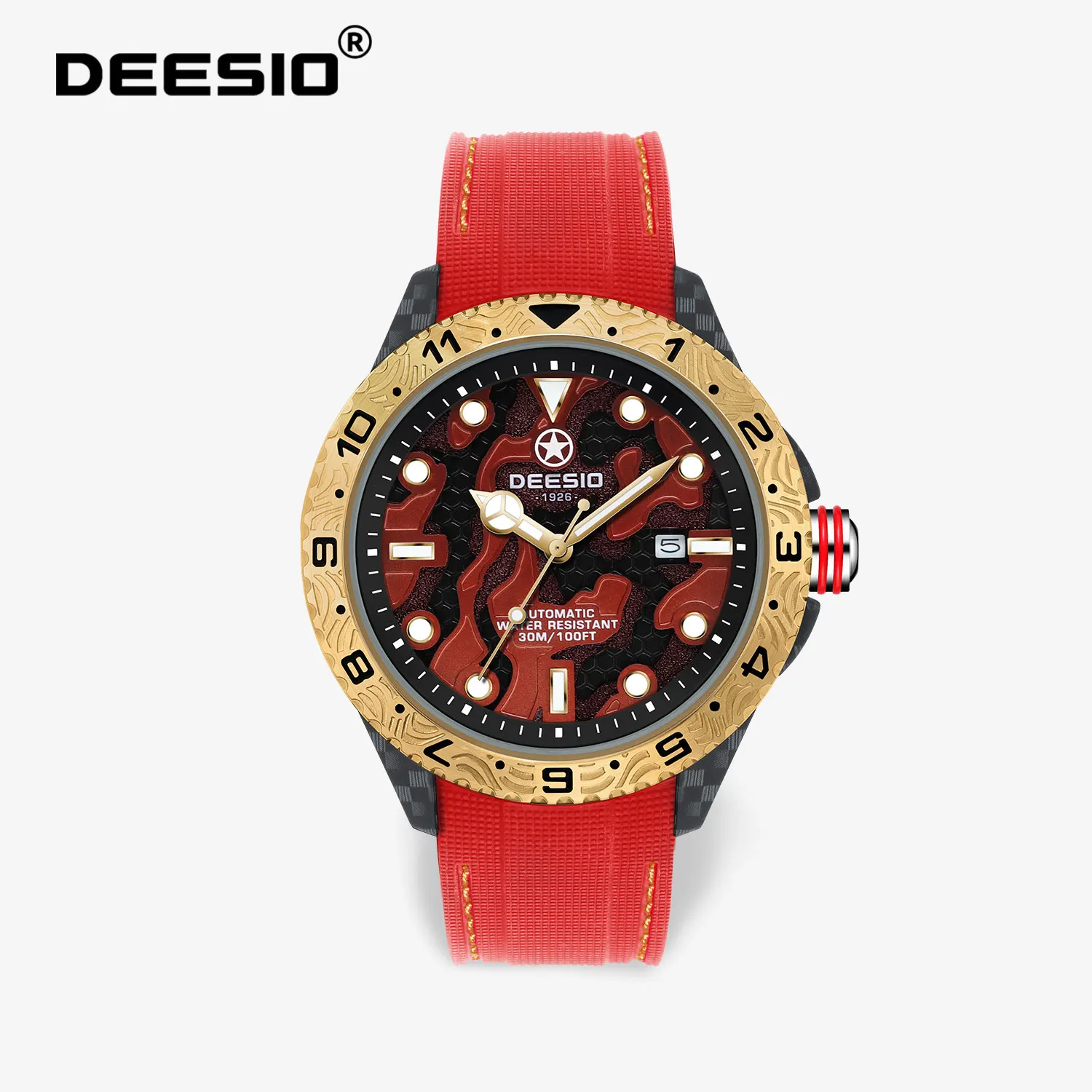 Deesio Luxuriöse automatische Herrenuhr, Kohlefasergehäuse, Kalender, Datum, leuchtende Zeiger, wasserdicht, Geschenk für Männer, Weihnachten, Halloween