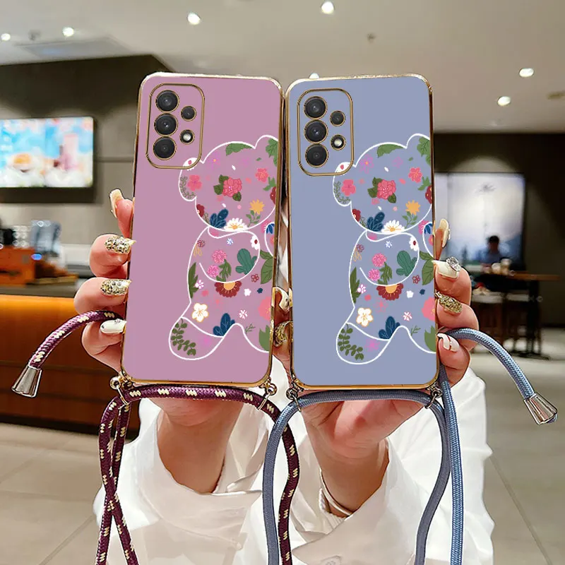 Bloem Beer Crossbody Lanyard Siliconen Telefoon Hoesje Voor Samsung Galaxy A73 A71 A71 A52 A52 A32 A53 A 03S A04 A03 A54 A51 Cover