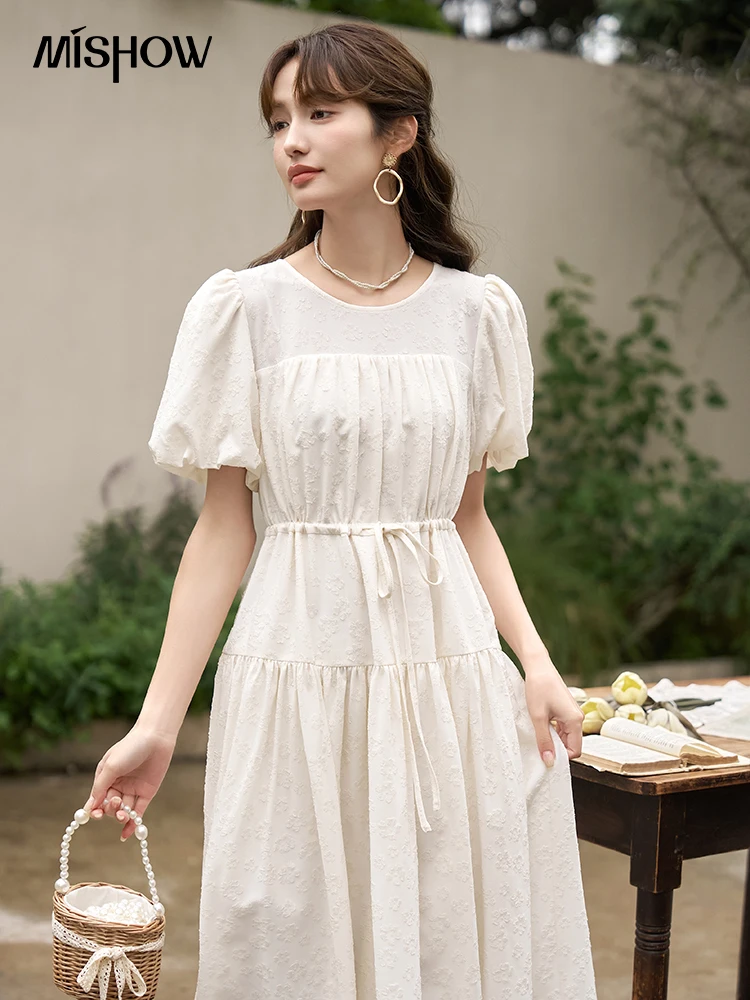 

MISHOW French Draw String Waist Dress 2023 Summer Short Sleeve A-LINE Puff Sleeve O-Neck Pullover Elegant Solid Dress MXC38L1415