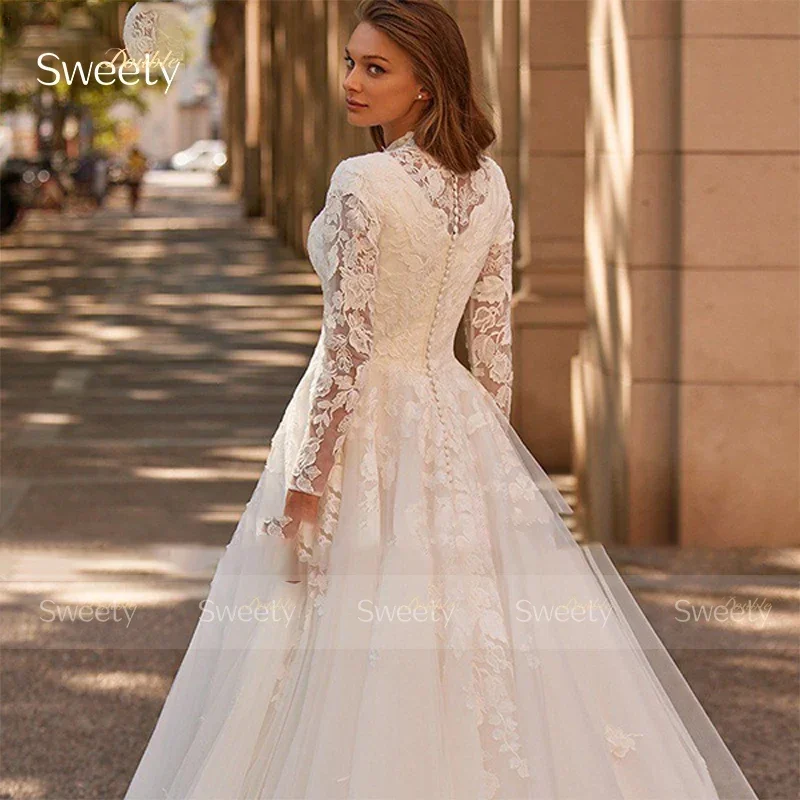 Luxury High-Neck Wedding Dress Organza With Embroidery Lace A-Line Ball Gown Full Sleeve Bride Dress Button Robe De Mariee Appli