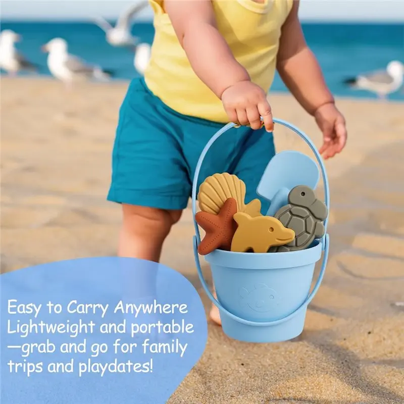 AS96-Baby For Toddlers Beach , Silicone Beach Bucket Shovel Set With 6 Sand Molds(Random Color), Toddler Sand Playthings
