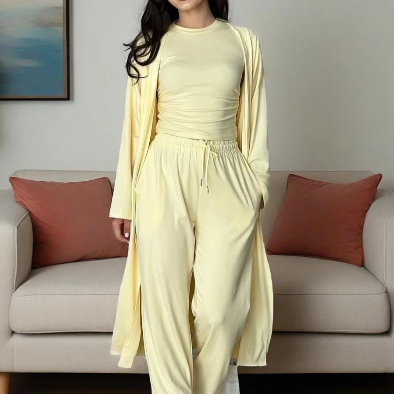 

Женский костюм, женская одежда, комплекты брюк, укороченный топ без рукавов с открытыми плечами, длинные кардиганские эластичные широкие брюки, женские комплекты из 3 предметов