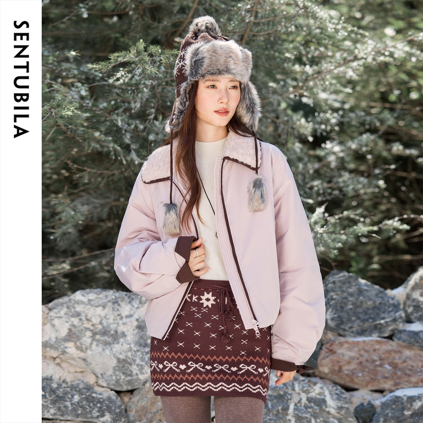 SENTUBILA Women Down Jacket 90% White Duck Down Barn Style Faux Shearling Contrast Cuffs Warm Winter Daily Outerwear W64YC7700