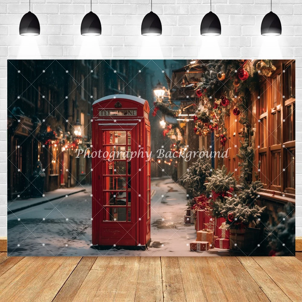 冬の夜ヨーロッパの町の背景写真赤い電話ボックスクリスマスツリーポートレート装飾背景撮影小道具