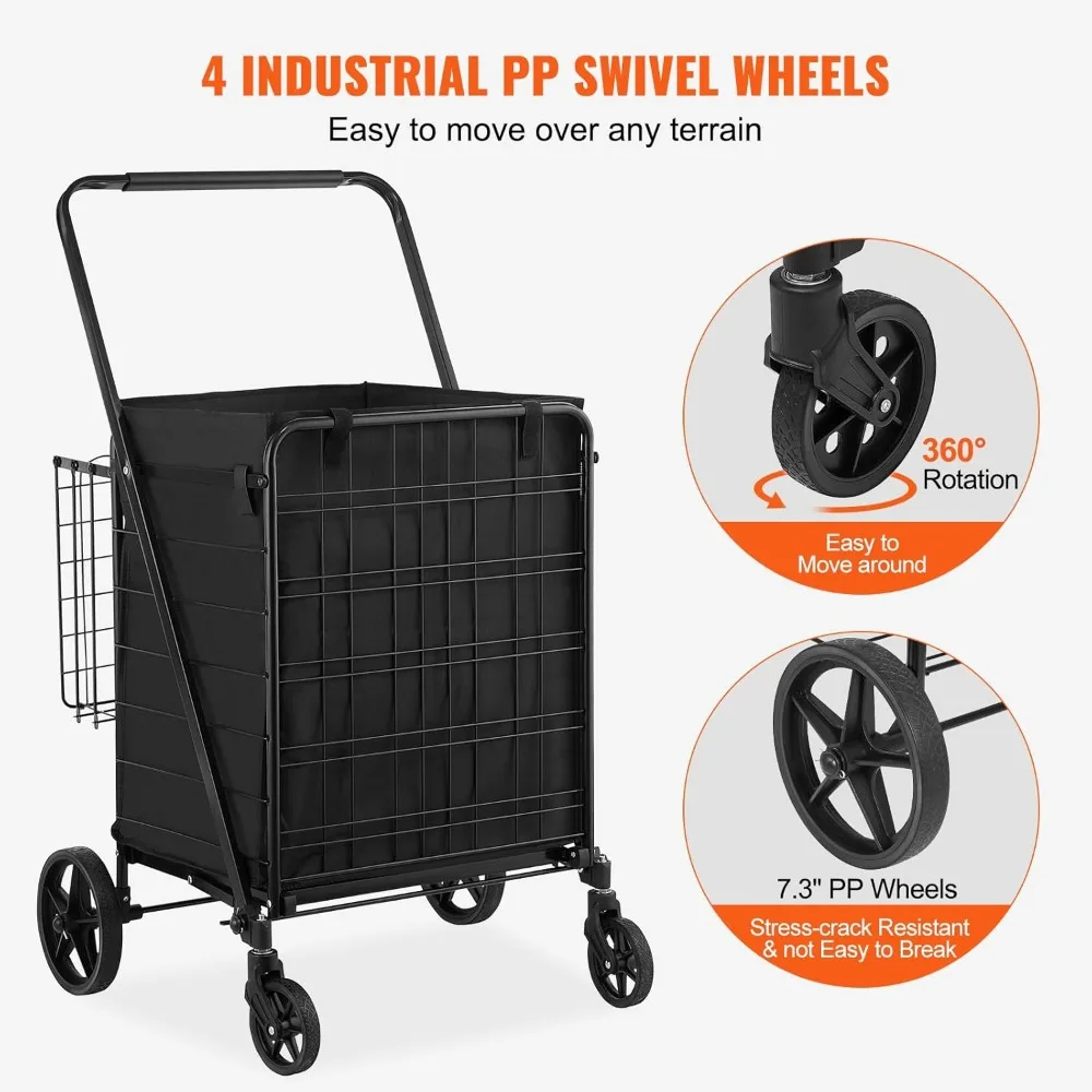 VEVOR Carro de compras plegable con revestimiento impermeable extraíble, carrito de supermercado grande de capacidad de 210 libras con cesta doble, 360 grados