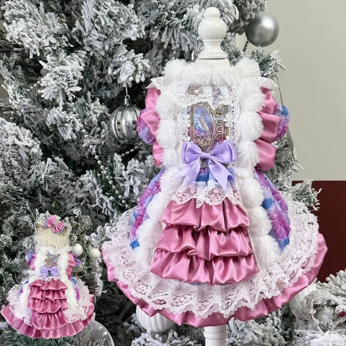 

Pet clothes Christmas pet gown original design faux fur lace bow autumn winter photo party wear for small pets Costume for dog