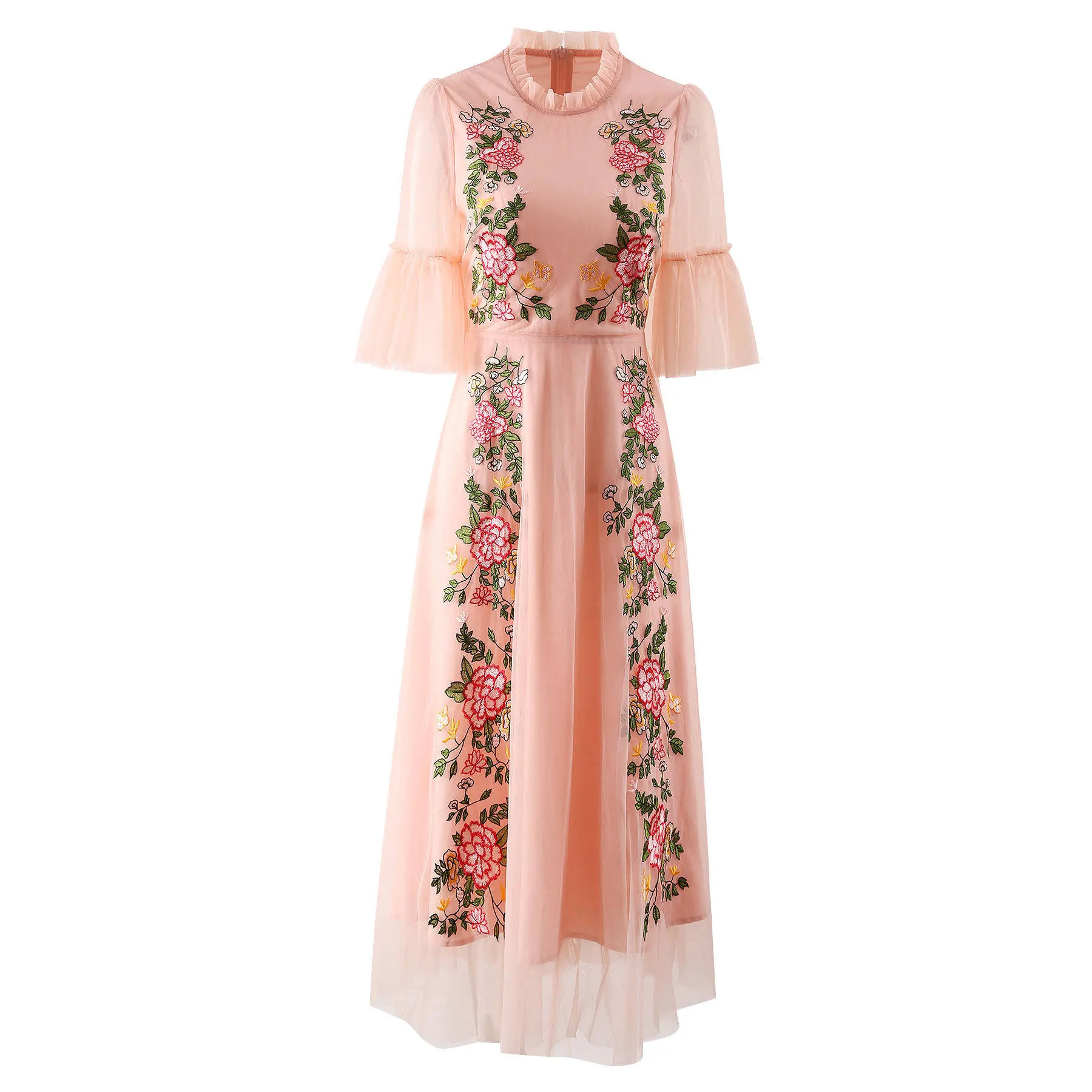 New Fashion Spring Mesh Long Dress Women O-Neck Flare Sleeve Floral Embroidery Elegant Party Dresses Fashion Designer Female