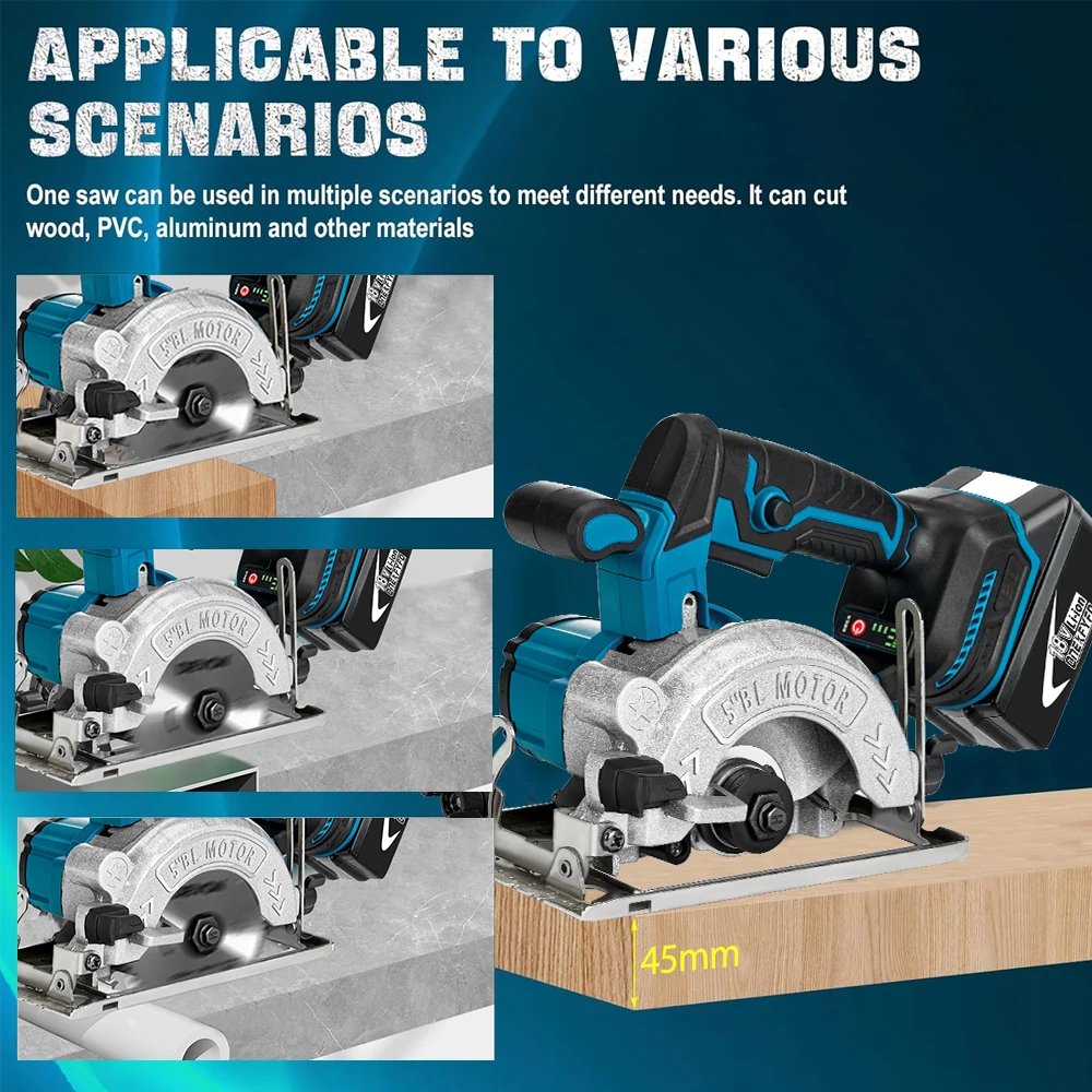 Bürstenlose 5-Zoll-Elektrokreissäge, kabellos, 0–45 °   Adjustbale Holzbearbeitung DIY Schneidwerkzeug für Makita 18V Akku