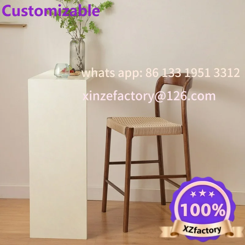 Customizable Solid Wood Household Island Chair White Wax Wabi Sabi Wind Rope Knitted Dining Chair