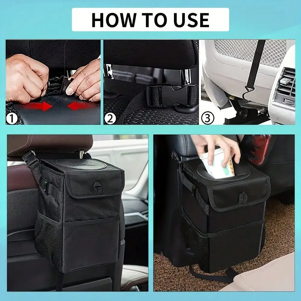 Auto-Mülleimer mit Deckel - Auslaufsicherer Abfalleimer fürs Auto, Zusammenklappbarer Organizer und Aufbewahrungstasche für Auto und LKW, Auto-Zubehör – Detail 6