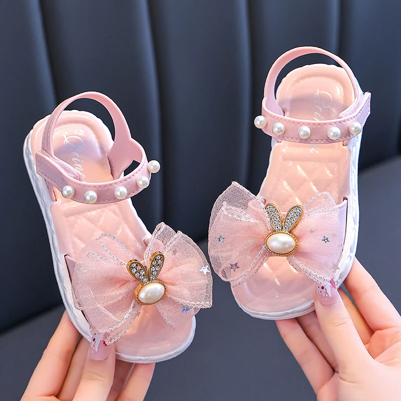 Summer Pretty Bow Beading Decoration Sandals For Aged 1-7 Girls Children Slippers Non-slip Seabeach Flip Flops Home Kids Shoes