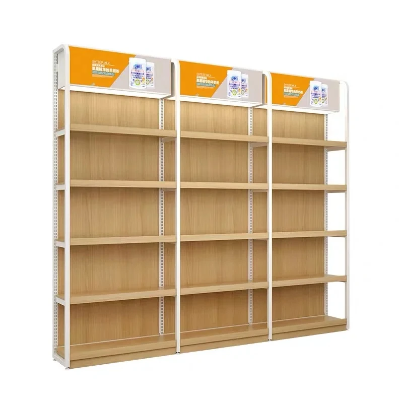 custom.Multi-Purpose Retail Display System Combination of Wood Shelves & Advertising Cabinets Supermarket Snack Zones