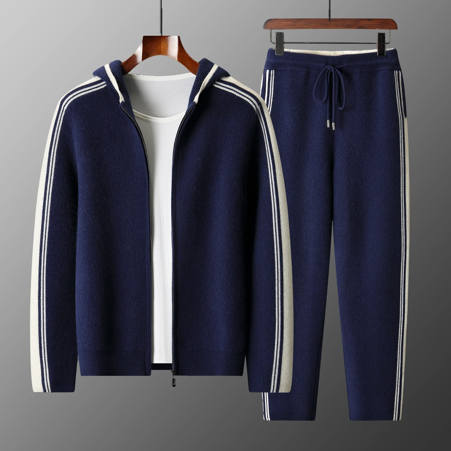 Men's Sport Set 100% Wool Pants Hooded Cardigan Knitwear Autumn Winter Thick Warm Sweater Zipper Jacket Straight Leg Trousers