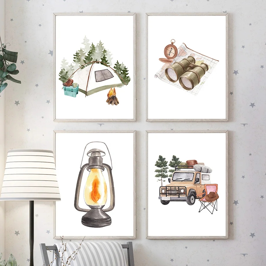 Camp Adventure tienda telescopio brújula lámpara pared arte Mural lienzo pintura cartel impresión pared imágenes sala de estar decoración del hogar
