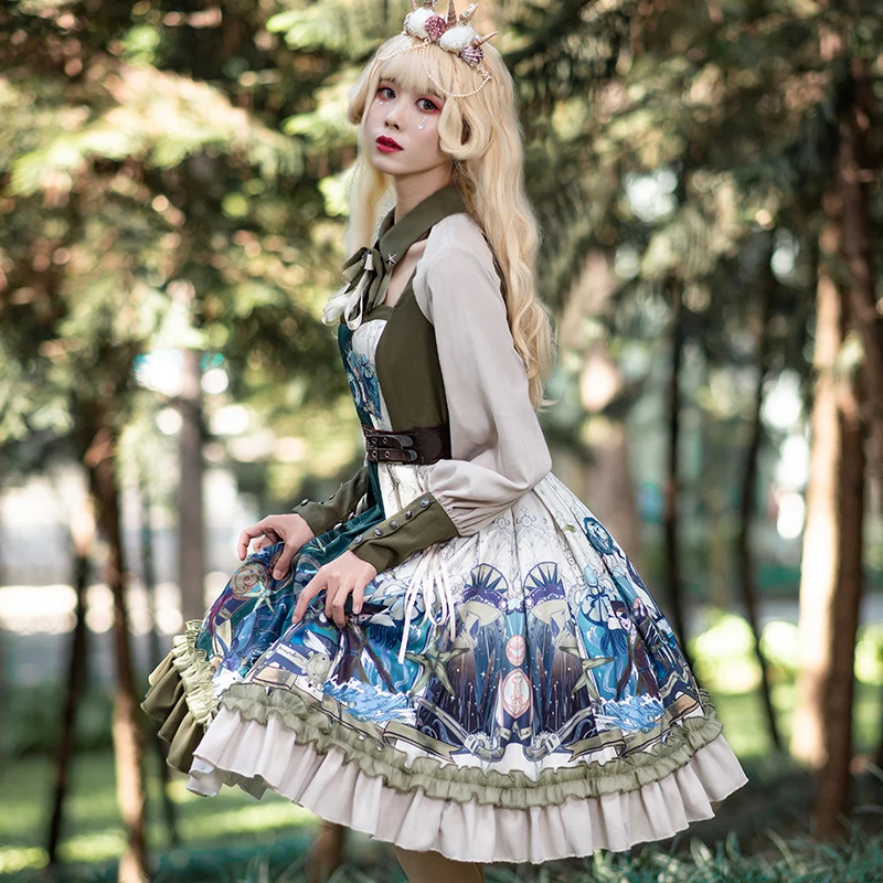 Lolita One Piece Dress Floral and Patchwork Ruffled Retro Lolita Dress